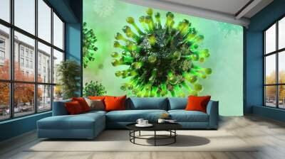 Coronavirus 2019-ncov flu infection 3D medical illustration. Microscopic view of floating China pathogen respiratory influenza virus cells. Dangerous asian ncov corona virus, pandemic risk background Wall mural