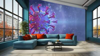 Coronavirus COVID-19 infection 3D medical illustration. Floating pathogen respiratory influenza covid corona virus cell. Dangerous coronavirus flu strain microscopic view, pandemic crisis background Wall mural