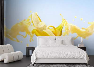 Delicious fresh fruit banana yogurt or cream 3D splash waves with ripe banana and banana slices.  Label, banner advertising element design with greek yogurt, whipped cream, smoothie, milk, ripe banana Wall mural