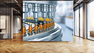 Drug manufacturing process.  Conveyor with medical ampoules line at a modern pharmaceutical plant. Pharmacology production, medicine industry from laboratory 2 factory, pharmacy. Healthcare, pharma 3D Wall mural