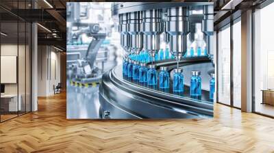 Drug manufacturing process.  Conveyor with medical ampoules line at a modern pharmaceutical plant. Pharmacology production, medicine industry from laboratory 2 factory, pharmacy. Healthcare, pharma 3D Wall mural