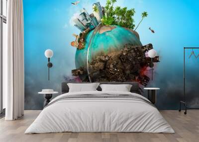 Earth globe with peace and war battle ruined areas. Apocalypse, world saving, environment ecology, pollution, peace and world war concept. 3D illustration Wall mural