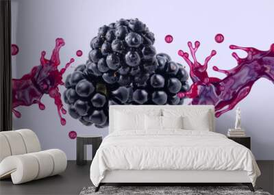 Fresh blackberry juice, smoothie or jam splash 3D swirls with juicy blackberries. Tasty berry juice splashing, blackberry juice isolated. Liquid healthy food or detox drink fruit design Wall mural