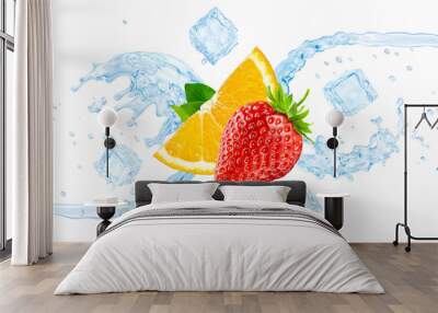 Fresh cold pure flavored ice water with strawberry and orange wave 3D splash isolated on white. Clean infused water wave splash with berries. Healthy flavored detox drink splash concept with ice cubes Wall mural