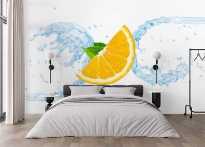 Fresh cold pure flavored water with orange wave 3D splash isolated on white. Clean orange fruit infused water or liquid fluid wave splash. Healthy flavored detox drink swirl concept with citrus fruits Wall mural