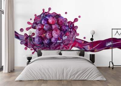 Fresh grape juice, red wine splash wave with ripe grapes. Tasty berry juice splashing, grape juice or wine isolated. Liquid juice, merlot, cabernet drink ad design element. 3D render Wall mural