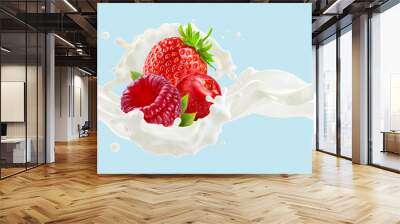 Fresh milk or yogurt splash with ripe strawberry, raspberry and cranberry. Healthy breakfast meal design or banner ad element with milk, yogurt, cream and berries. Label design.  3D Wall mural