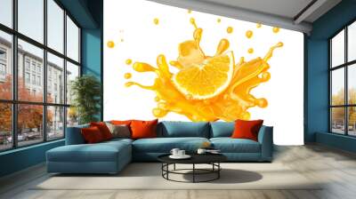 Fresh ripe orange slice and juice or smoothie splash swirl. Tasty juice splashing, orange juice isolated. Liquid healthy food or drink tropical fruit design element. 3D render Wall mural