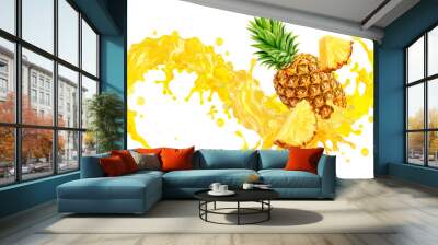 Fresh ripe pineapple, slices cut and pineapple juice splash wave. Healthy food or tropical fruit drink liquid ad label design. Tasty smoothie splash isolated, healthy diet concept on white background Wall mural