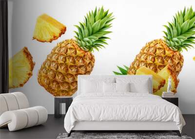 Fresh ripe pineapple fruit, pineapple fruit slices isolated. Juicy fruit design elements composition with focus stacking, white background. Tasty raw whole tropical fruit, healthy nutrition concept Wall mural