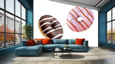 Fresh sweet donuts in motion with chocolate, cocoa, cream, strawberry fruit glaze. Fast sweet food concept, bakery ad design elements with glazed frosted falling doughnuts isolated, white background Wall mural