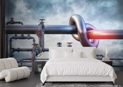 Fuel gas pipeline with a knot. Transit business crisis, energy embargo conflict, oil import export from the world fuel trade market restricts, EU industrial economic sanctions 3D concept illustration Wall mural