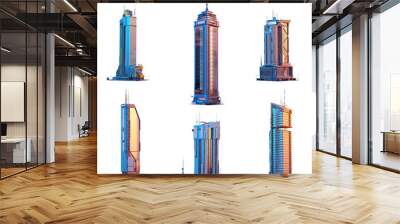 Futuristic skyscrapers, business towers, office, residential and commercial tall buildings set. Modern eco cityscape 3D design elements. Future smart city megapolis town skyscraper isolated on white Wall mural