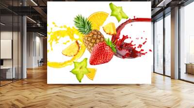 Healthy srawberry and pineapple fruit berry juices liquid 3D splashes. Ripe fruits juice mix splashing blended - pineapple, strawberry juice or smoothie in two colorful splashes. Drink label design Wall mural