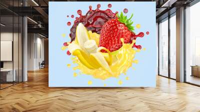 Healthy strawberry and banana fruit smoothie liquid swirls splashes. Fruits juice liquids splashing together. Banana, strawberry smoothie in two swirls form. Cocktail drink design. 3D Wall mural