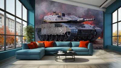 Israel-Hamas war, military operations near the Gaza Strip. Powerful Israel army modern main battle Merkava Mk 4 tank. 3D heavy military vehicle IDF Merkava tank weapon, Israeli-Palestinian conflict Wall mural