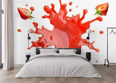 Juice splash with strawberries isolated on white background. Healthy food and balanced diet concept. Liquid template design element. 3D illustration Wall mural