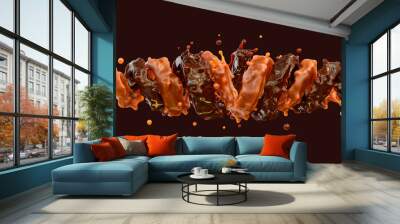 Liquid dark chocolate and caramel sauce swirls splashes twisted in two spirals form. Сombination of caramel and chocolate flavors. Clipping path. 3D render Wall mural