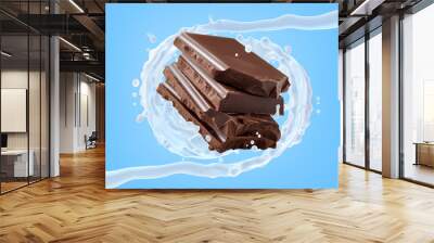 Milk chocolate bar pieces and fresh milk or cream swirl 3D splash twisted. Liquid milk chocolate, fresh milk cream splash ad template. Confectionery, milkshake ingredients, food elements composition Wall mural