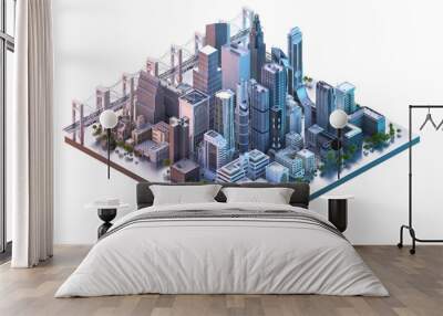 Modern isometric city plan, 3d location map: living houses, offices, skyscrapers, industrial buildings, city landmarks, streets traffic. Futuristic megapolis downtown infographic map design template Wall mural