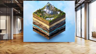 Oil drilling, extraction 3D isometric illustration. Soil layers, ground cut cross section with oil pump jack isolated. Crude oil resources, gas oil industry, petroleum production concept infographic  Wall mural