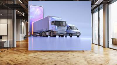 Online tracking service app fast shipping delivery, 3D illustration design concept with delivery truck, cargo van, parcel boxes, mobile smartphone, logistics location map. Logistic network application Wall mural