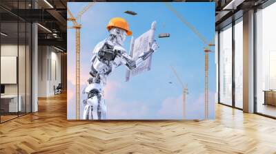 Robot foreman engineer in hardhat holding construction drawings against construction site with tower cranes. Buildings under construction. Robot engineer ai technology concept. Clipping path.3D render Wall mural