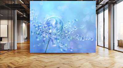 Romantic floral glowing blue light background. Beautiful blooming, flower, sparkling dew, rain water drops in spring, summer time 3D macro image. Nature soft focus bokeh flowers dew artistic wallpaper Wall mural