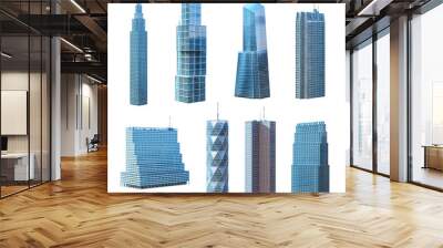 Skyscrapers, business towers, office, residential and commercial tall buildings set. Modern eco cityscape 3D render design elements. Future smart city megapolis town skyscraper icons isolated on white Wall mural