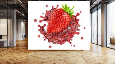 Sweet fresh strawberry juice or jam splash swirl with strawberry. Red berry juice splashing - strawberries juice isolated. Liquid healthy food or drink fruit design element. 3D render Wall mural