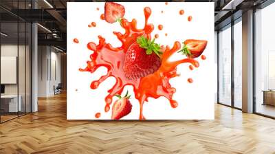 Sweet fresh strawberry juice or jam splash swirl with strawberry. Red berry juice splashing - strawberries juice isolated. Liquid healthy food or drink fruit design element. 3D render Wall mural