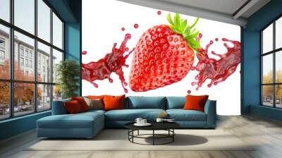 Sweet fresh strawberry juice or jam splash wave swirl with strawberry. Red berry juice splashing strawberries juice isolated. Liquid healthy drink fruit label design element. 3D render Wall mural