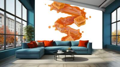 Sweet melted caramel sauce or syrup swirl and toffee caramel candies isolated on white background. Liquid caramel topping and toffee candies dessert template design element. 3D render Wall mural