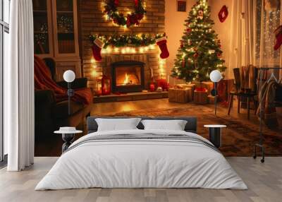 A cozy living room decorated for Christmas with a lit fireplace, Christmas tree, and presents Wall mural