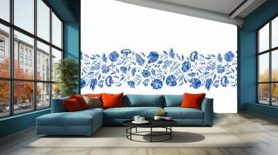 Vector classic porcelain blue floral border. Seamless royal hand drawn baroque design. Blue cutout florals on white background. Elegant nature background. Surface pattern design. Wall mural