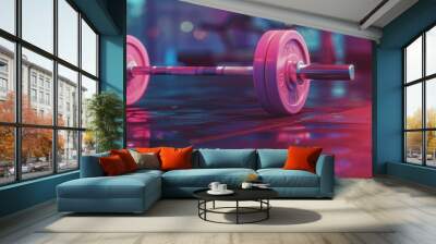  Fitness sport strength training, bodybuilding background - Closeup of pink barbell dumbbell weight on the floor in gym Wall mural