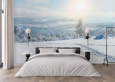  Stunning panorama of snowy landscape in winter in Black Forest - winter wonderland Wall mural