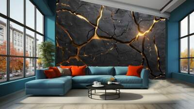 Abstract dark black cracked stone concrete wall or floor texture with golden background with cracks, damaged old dark 3d illustration backdrop design pattern Wall mural