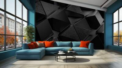 Abstract dark wide black texture with geometric triangular 3d triangles pattern wall background banner illustration, textured backdrop for design web, wallpaper (Generative Ai) Wall mural