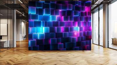 Abstract geometric pink blue neon light 3d texture wall with squares and square cubes background banner illustration with glowing lights, textured wallpaper (Generative Ai) Wall mural