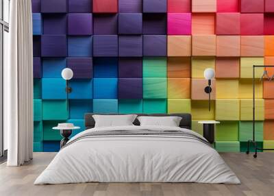 Abstract geometric rainbow colors colored 3d wooden square cubes texture wall background banner illustration panorama long, textured wood wallpaper (Generative Ai) Wall mural