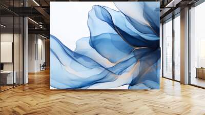 Abstract marbled ink liquid fluid watercolor painting texture banner illustration - Blue petals, blossom flower swirls gold painted lines, isolated on white background Wall mural