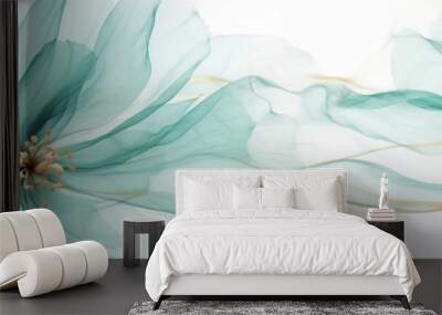 Abstract marbled ink liquid fluid watercolor painting texture banner illustration - Soft mint green petals, blossom flower flowers swirls gold painted lines, isolated on white background Wall mural