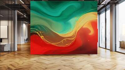 Abstract watercolor paint background illustration - Red and green color and golden lines, with liquid fluid marbled paper texture banner texture, Generative Ai Wall mural