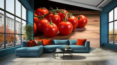 Agriculture harvest Food photography background - Ripe tomatoes vegetables on a dark wooden table (Generative Ai) Wall mural