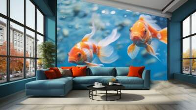 Animals gold fishes pets aquarium freshwater fish background - Two sweet cute goldfishes (cyprinidae) swimming in blue water Wall mural