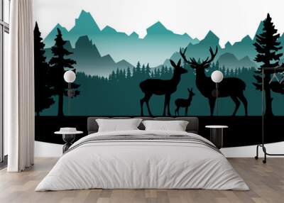 Black silhouette of fir trees and wild deer, landscape panorama illustration icon vector for forest wildlife adventure camping logo, isolated on white background Wall mural