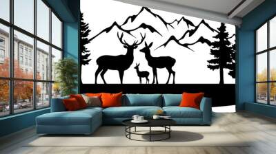 Black silhouette of mountains, fir trees and wild deer, landscape panorama illustration icon vector for forest wildlife adventure camping logo, isolated on white background Wall mural