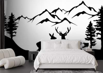 black silhouette of wild deer family and forest fir trees camping wildlife mountain landscape panora Wall mural