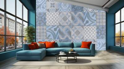 Blue gray white bright vintage retro geometric square mosaic motif cement tiles texture background banner panorama Wall mural